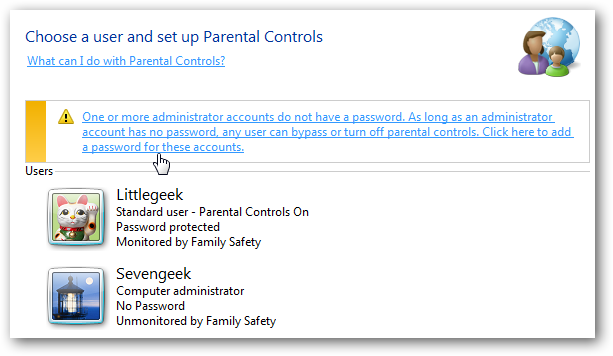 administrative password کنترل والدین در ویندوز 7