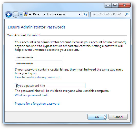 ensure-administrator-password-کنترل والدین