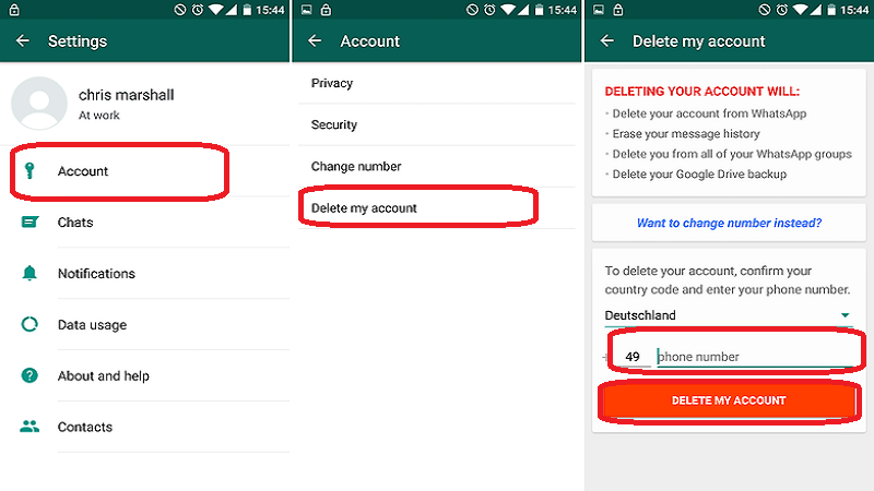 delete WhatsApp account on Android