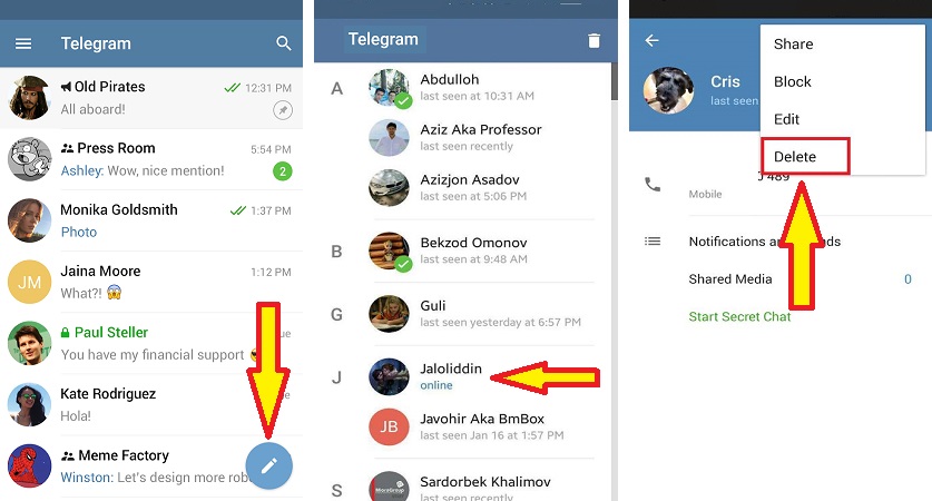 حذف مخاطب در تلگرام