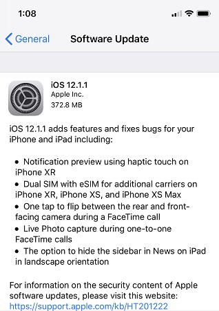 ویژگی های iOS 12.1.1